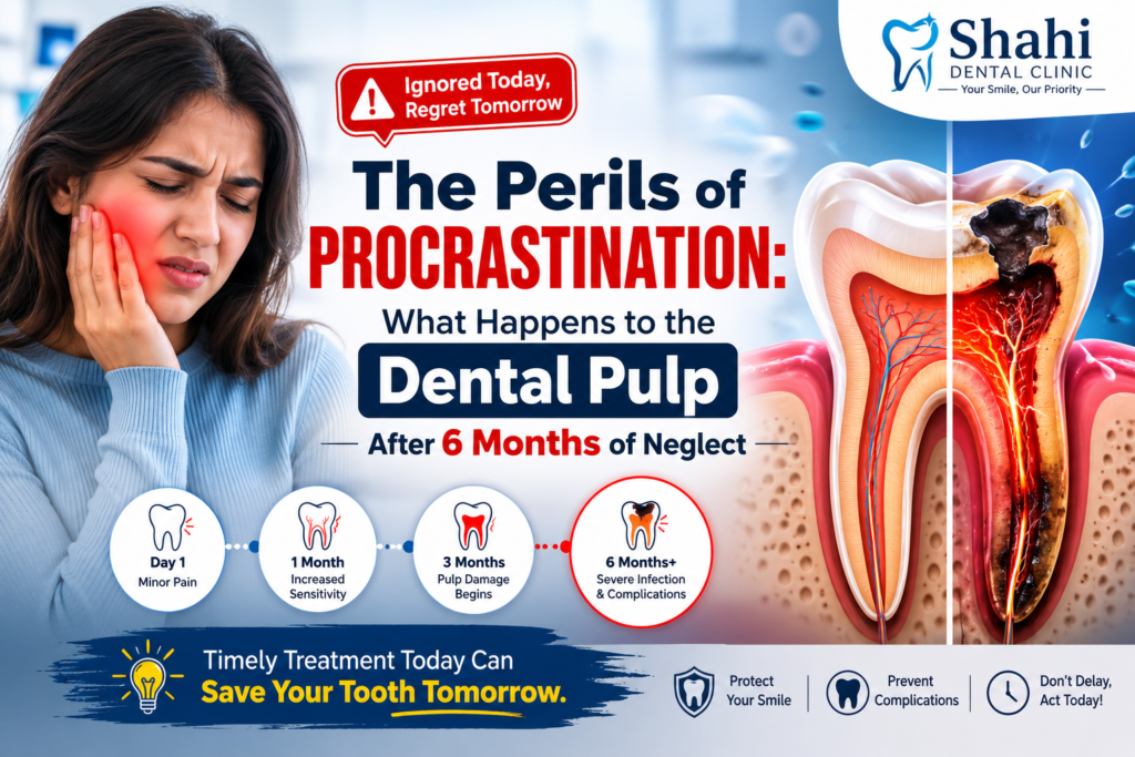 Illustration showing the progression of untreated tooth decay over six months, highlighting severe dental pulp infection, nerve damage, and the consequences of delaying dental treatment.