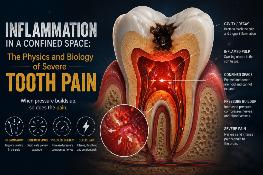 Cross-sectional illustration of an inflamed tooth showing infected dental pulp, pressure buildup inside the tooth, and nerves causing severe