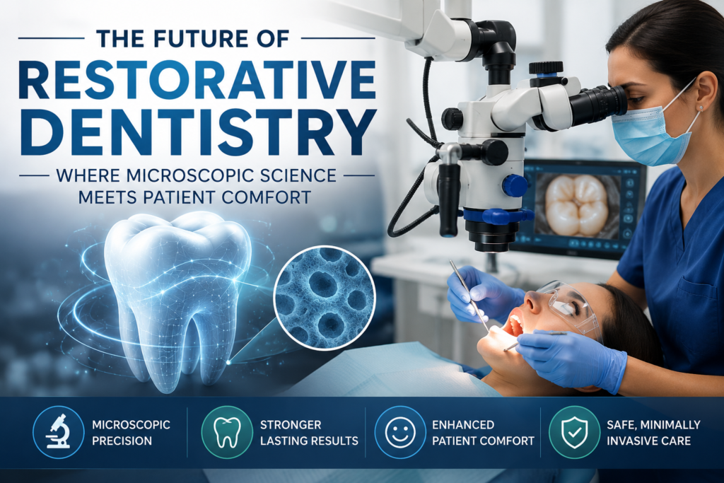 Dentist performing advanced restorative dentistry using a dental microscope to provide precise, minimally invasive treatment with enhanced patient comfort.
