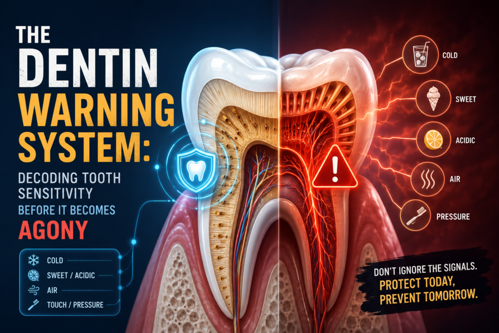 3D cross-section of a human tooth illustrating exposed dentin, nerve pathways, and common triggers of tooth sensitivity including cold, sweet, acidic foods, air, and pressure.