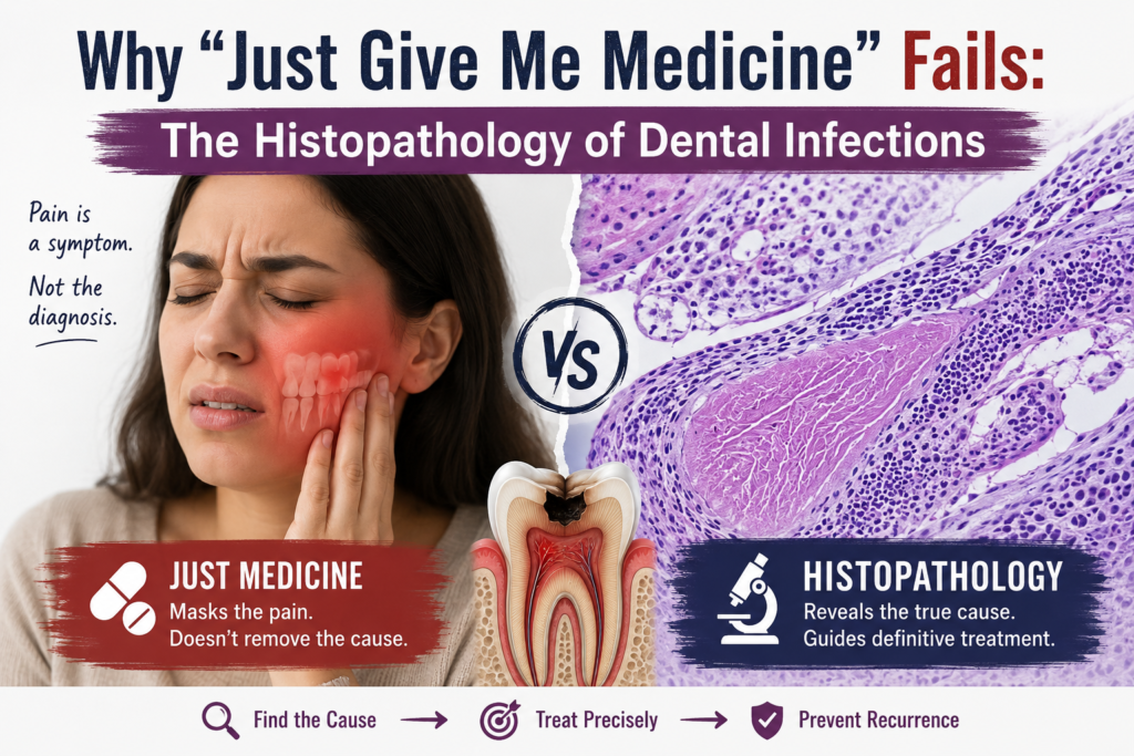 A featured image showing a patient with severe tooth pain beside a microscopic histopathology image of infected dental tissue, highlighting why painkillers and antibiotics alone cannot cure dental infections without identifying and treating the root cause.