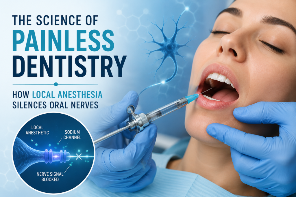 Dentist administering local anesthesia to a patient while illustrating how local anesthetic blocks oral nerve signals for painless dental treatment.