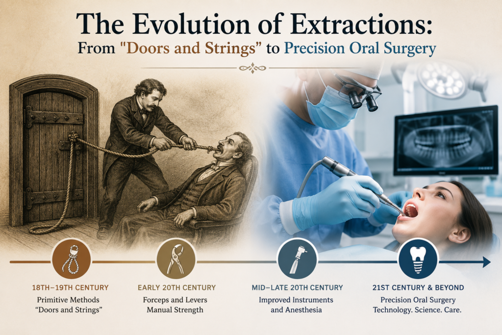 Illustration comparing historical tooth extraction methods using ropes and doors with modern precision oral surgery performed by a dental surgeon using advanced instruments and technology.