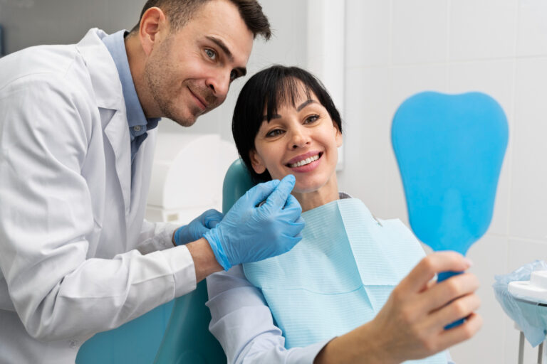 “Before and after dental implant smile results showing natural-looking teeth.”