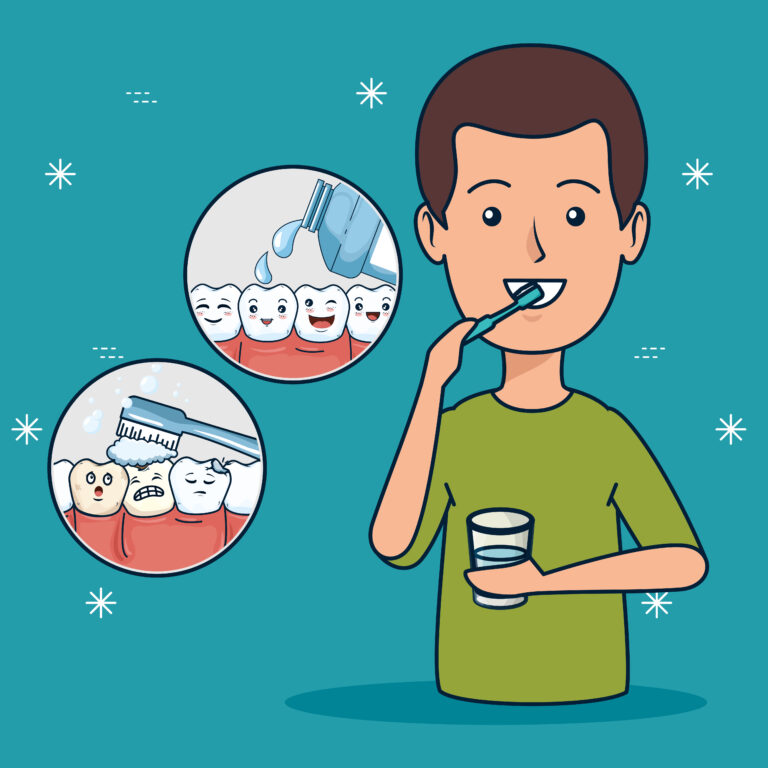 Morning oral hygiene routine including brushing and tongue cleaning for fresh breath