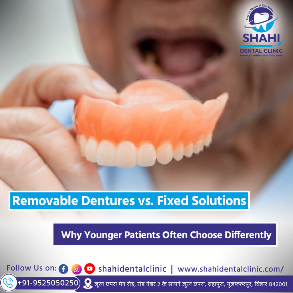 Close-up of a patient holding a full upper removable denture, highlighting the comparison between traditional dentures and fixed dental solutions.